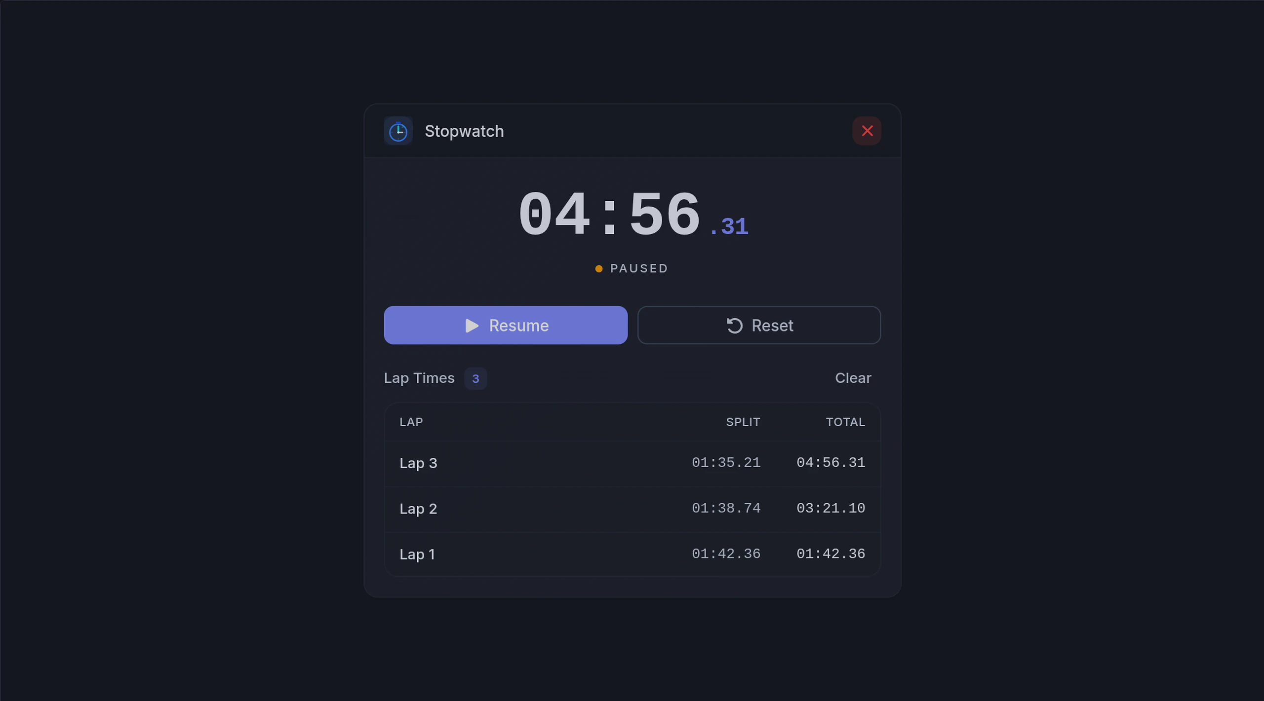 Paused stopwatch with three interval laps