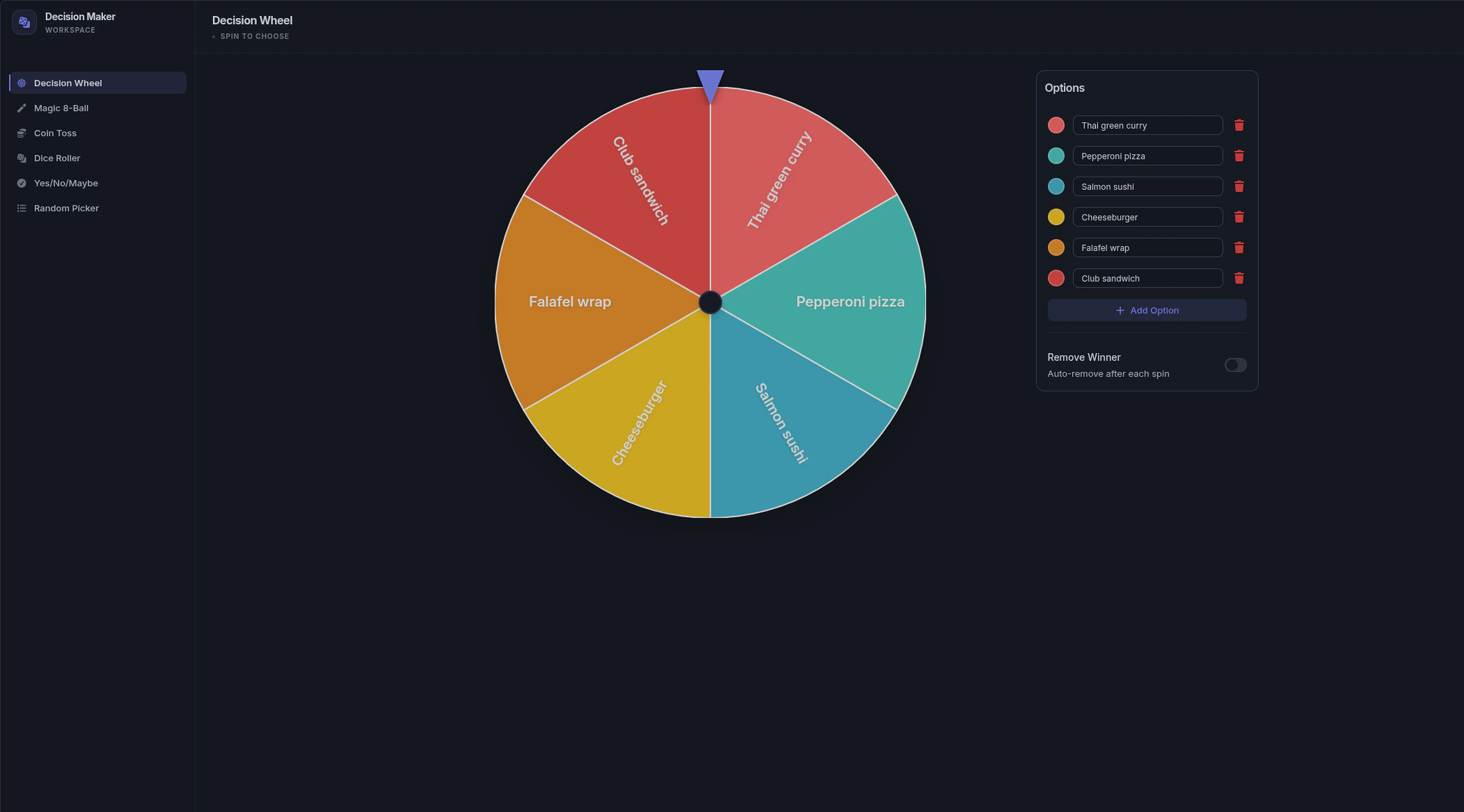 Lunch decision wheel