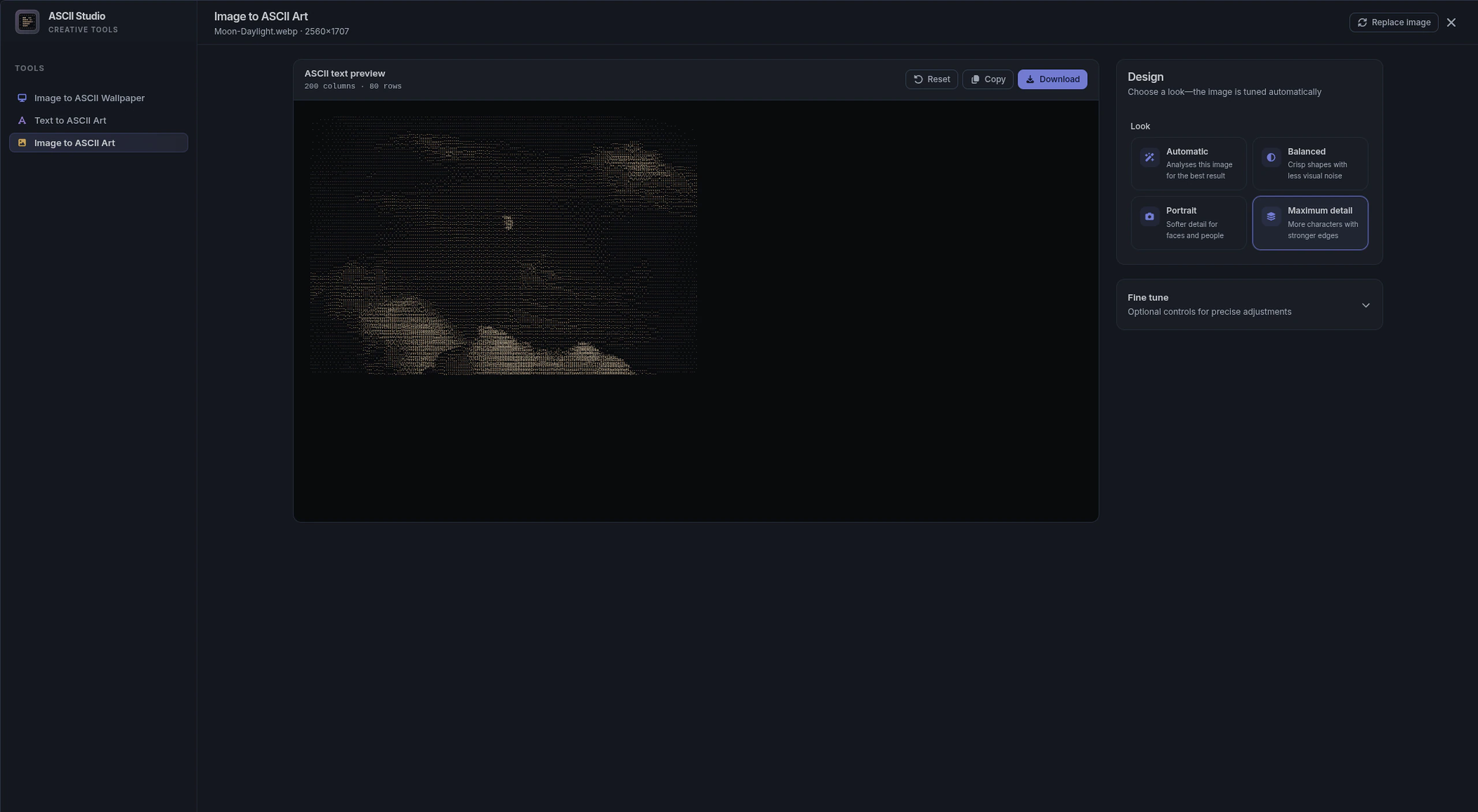 Moon image converted to character art