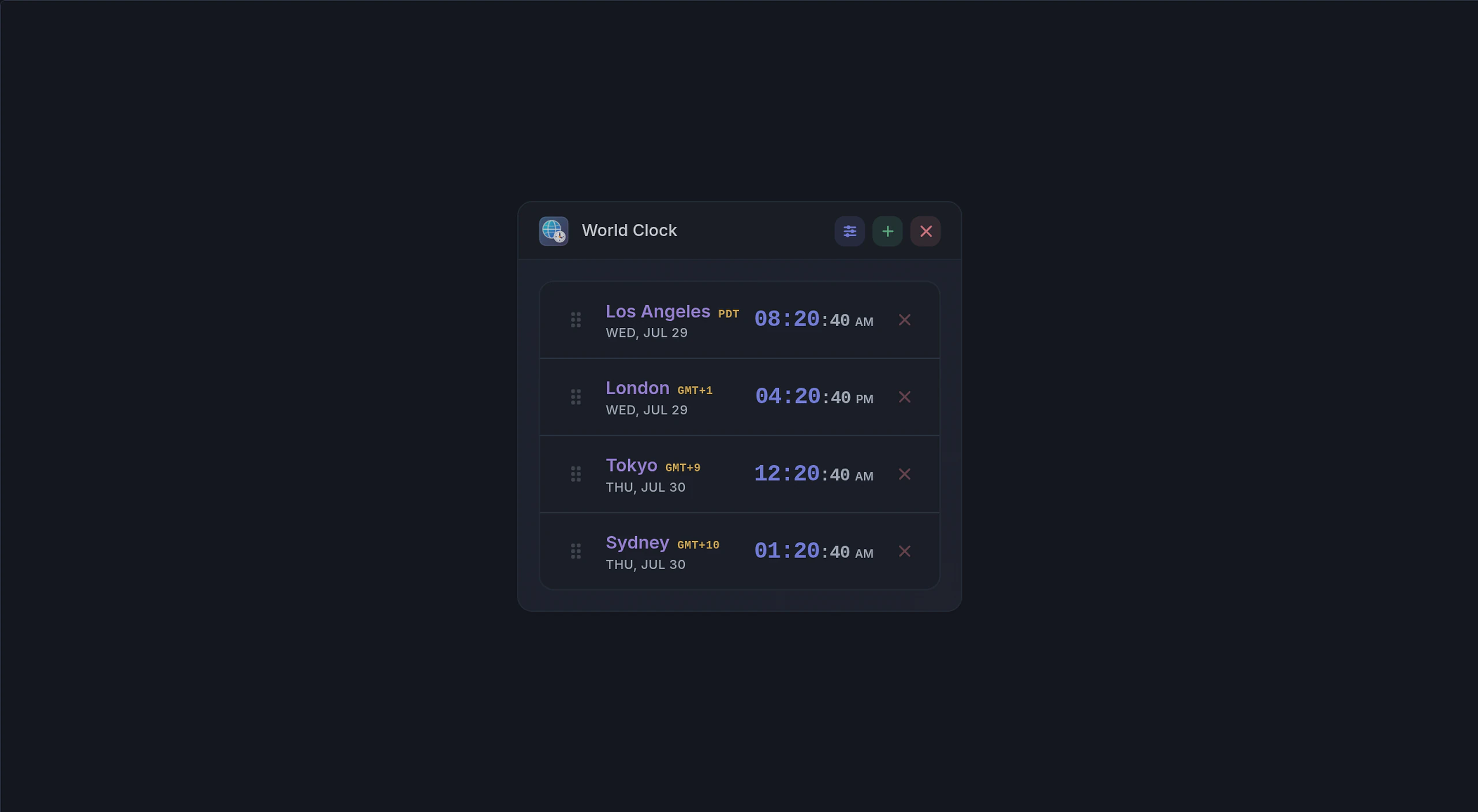 Four cities in a compact mobile layout with seconds
